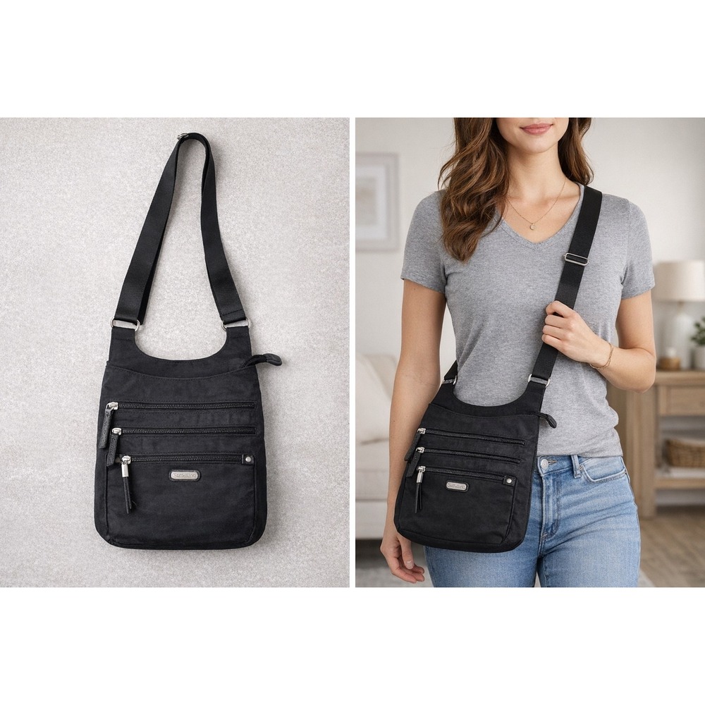 Baggallini Everywhere Crossbody Bag Black Nylon Multi-Pocket Travel‎ Purse
